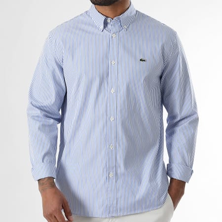 Lacoste - Chemise Manches Longues A Rayures Logo Brodé Crocodile Regular Fit Bleu Clair Blanc