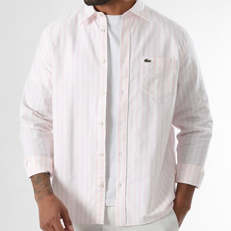 Lacoste - Chemise Manches Longues A Rayures Logo Brodé Crocodile Regular Fit Rose Blanc