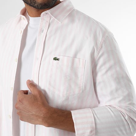 Lacoste - Chemise Manches Longues A Rayures Logo Brodé Crocodile Regular Fit Rose Blanc