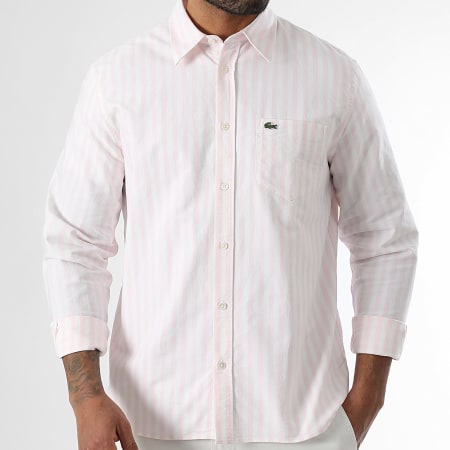 Lacoste - Chemise Manches Longues A Rayures Logo Brodé Crocodile Regular Fit Rose Blanc