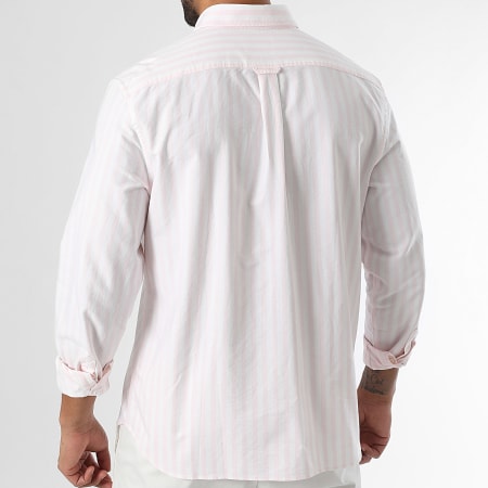 Lacoste - Chemise Manches Longues A Rayures Logo Brodé Crocodile Regular Fit Rose Blanc
