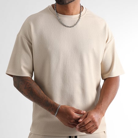 LBO - Relaxed Textured Waffle 1827 Beige Large T-shirt en Joggingbroek Set