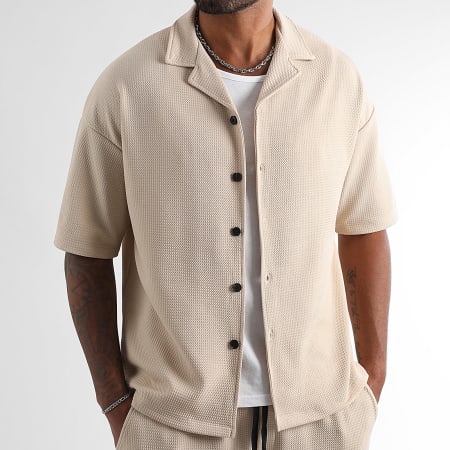 LBO - Conjunto de camisa de manga corta y pantalón ancho Waffle 1833 Beige