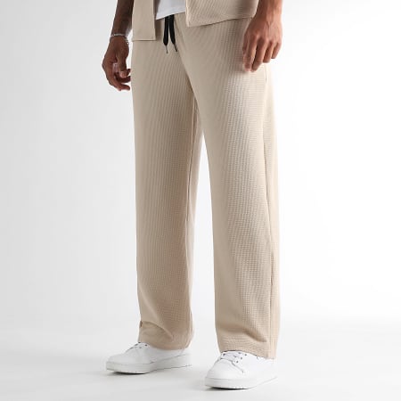 LBO - Conjunto de camisa de manga corta y pantalón ancho Waffle 1833 Beige
