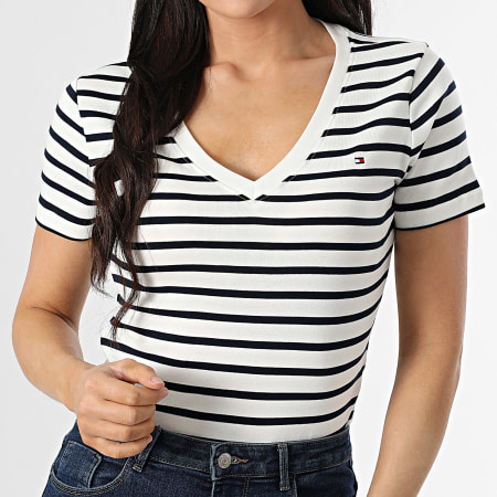 Tommy Hilfiger - Tee Shirt Col V A Rayures Femme New Slim Cody 0584 Blanc Bleu Marine