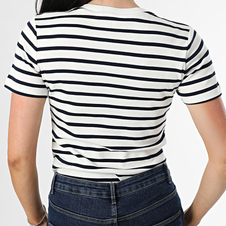 Tommy Hilfiger - Tee Shirt Col V A Rayures Femme New Slim Cody 0584 Blanc Bleu Marine