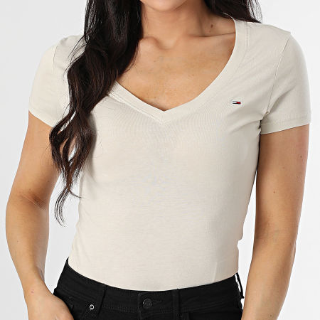 Tommy Jeans - Tee Shirt Col V Femme Slim 0458 Beige