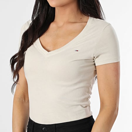 Tommy Jeans - Tee Shirt Col V Femme Slim 0458 Beige