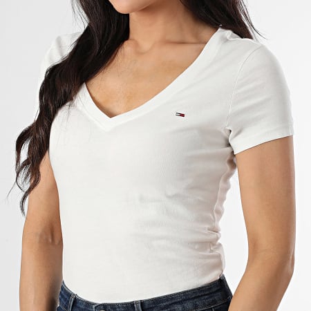 Tommy Jeans - Tee Shirt Col V Femme Slim 0458 Blanc