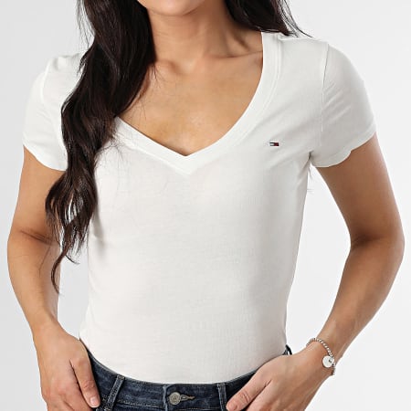 Tommy Jeans - Tee Shirt Col V Femme Slim 0458 Blanc