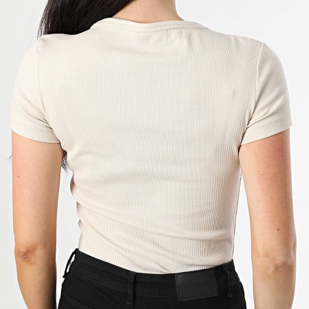 Tommy Jeans - Tee Shirt Col V Femme Slim Essential Rib 7385 Beige