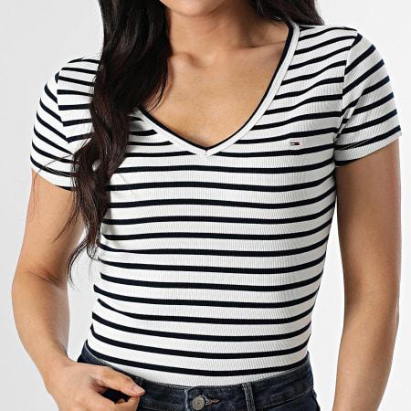Tommy Jeans - Tee Shirt Col V A Rayures Femme Slim Essential Rib 7385 Blanc Bleu Marine