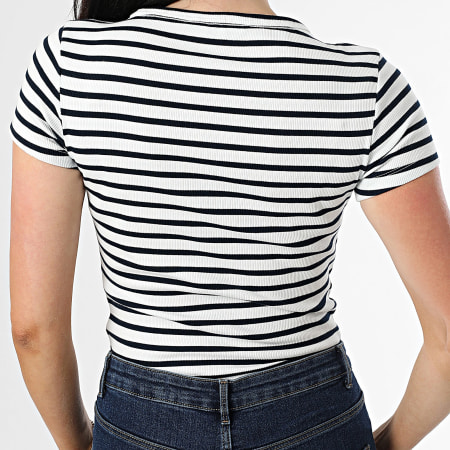Tommy Jeans - Tee Shirt Col V A Rayures Femme Slim Essential Rib 7385 Blanc Bleu Marine
