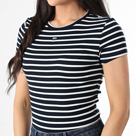 Tommy Jeans - Tee Shirt A Rayures Slim Femme Essential 7383 Bleu Marine Blanc