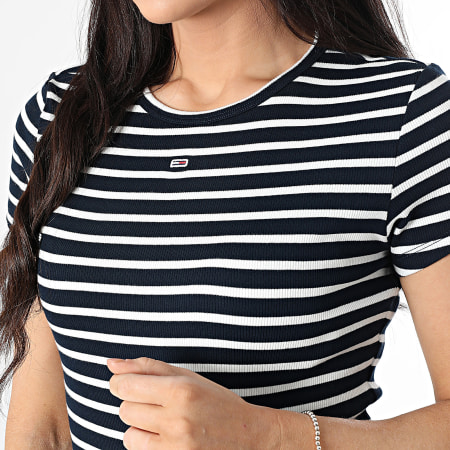 Tommy Jeans - Tee Shirt A Rayures Slim Femme Essential 7383 Bleu Marine Blanc