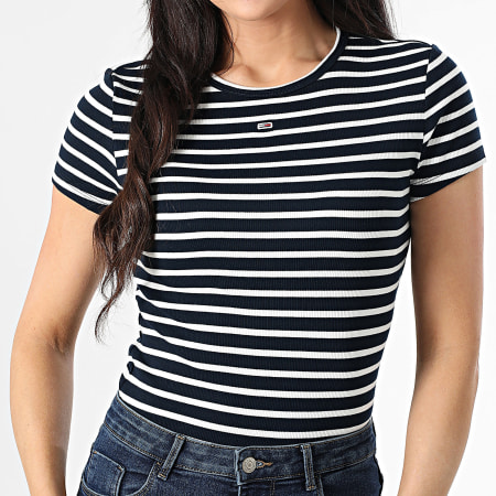 Tommy Jeans - Tee Shirt A Rayures Slim Femme Essential 7383 Bleu Marine Blanc