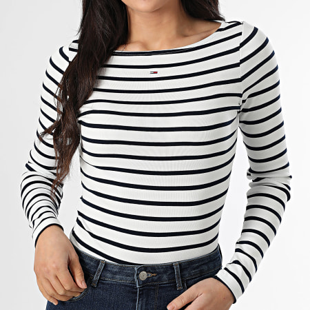Tommy Hilfiger - Tee Shirt Manches Longues A Rayures Femme Boat 1350 Blanc Bleu Marine