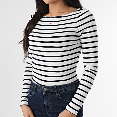 Tommy Hilfiger - Tee Shirt Manches Longues A Rayures Femme Boat 1350 Blanc Bleu Marine