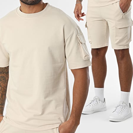 Zayne Paris  - Ensemble Sweat Crewneck Et Short Jogging Cargo Beige