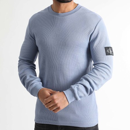Calvin Klein - Sweat Crewneck Monogram Badge Waffle 3485 Bleu Clair
