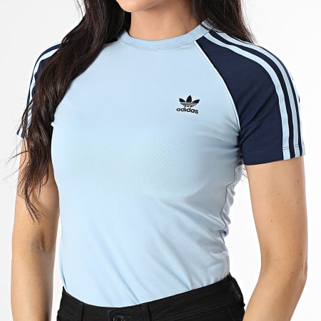 Adidas Originals - Tee Shirt Femme Raglan 3 Bandes Adicolor JD0836 Bleu Clair Bleu Marine