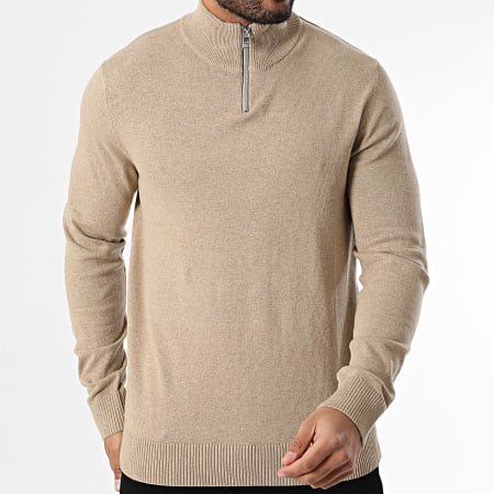 JJ Rebel - Pull Col Montant Zippé Callum Camel Clair Chiné