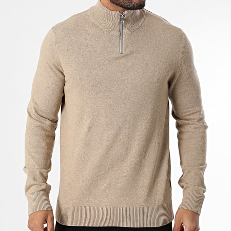 JJ Rebel - Pull Col Montant Zippé Callum Camel Clair Chiné