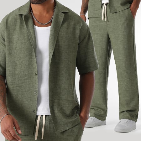LBO - Ensemble Chemise Manches Courtes Et Pantalon Large Effet Lin 1873 Vert Kaki