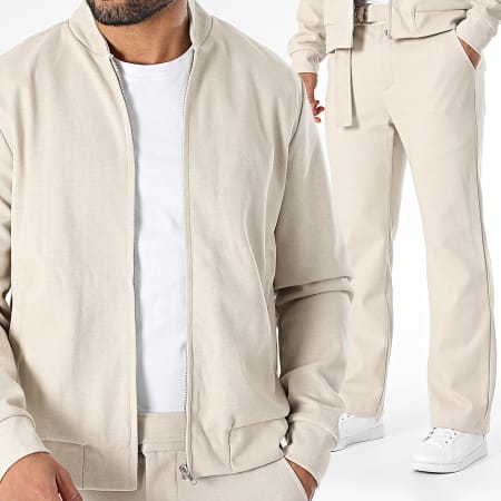 Frilivin - Conjunto Chaqueta Con Cremallera Y Pantalón Beige