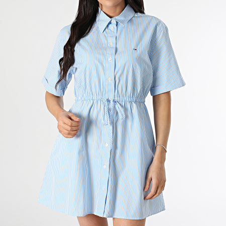 Tommy Jeans - Robe Chemise Manches Courtes A Rayures Femme Mini Strip 0617 Bleu Clair Blanc