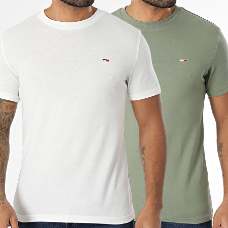 Tommy Jeans - Lot De 2 Tee Shirts Jersey 0687 Blanc Vert Kaki