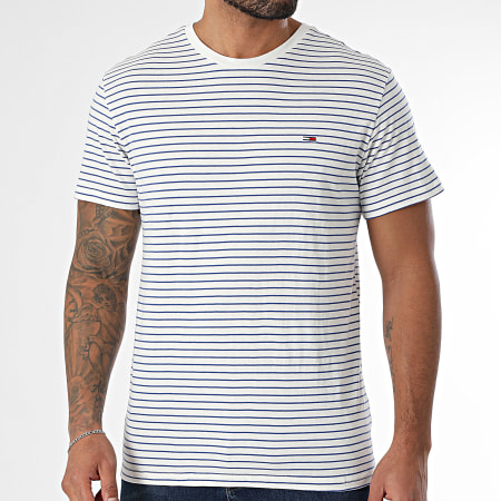 Tommy Jeans - Tee Shirt Stripe 0377 Blanc Bleu Roi