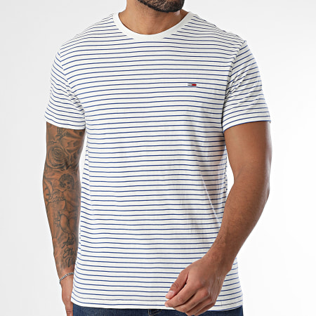 Tommy Jeans - Tee Shirt Stripe 0377 Blanc Bleu Roi