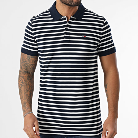 Tommy Jeans - Polo Manches Courtes Slim Placket 0676 Blanc Bleu Marine
