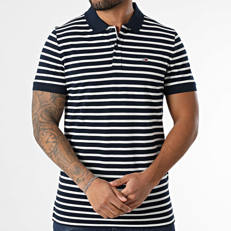 Tommy Jeans - Polo Manches Courtes Slim Placket 0676 Blanc Bleu Marine