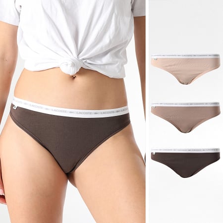 Lacoste - Set van 3 klassieke beige donkerbruine G-strings voor dames