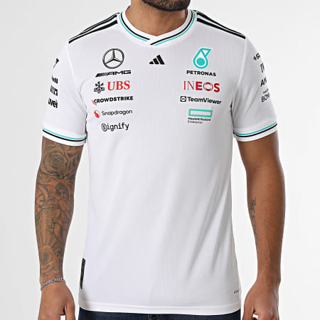 Adidas Sportswear - Tee Shirt Col V A Bandes AMG Mercedes JX5795 Blanc