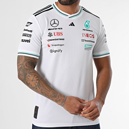 Adidas Sportswear - Tee Shirt Col V A Bandes AMG Mercedes JX5795 Blanc