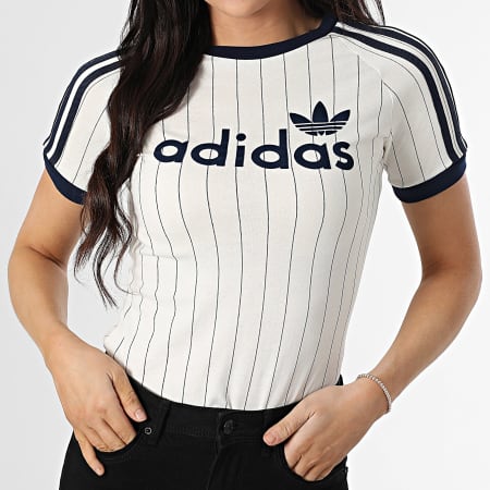 Adidas Originals - Tee Shirt A Bandes A Rayures Femme Graphic Cali JC7705 Ecru Bleu Marine