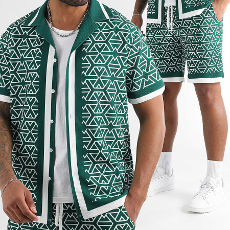LBO - Ensemble Chemise Manches Courtes Et Short Jogging Imprimé 1630 Vert Bouteille Blanc