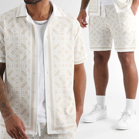 LBO - Ensemble Chemise Manches Courtes Et Short Jogging Imprimé 1636 Beige Blanc