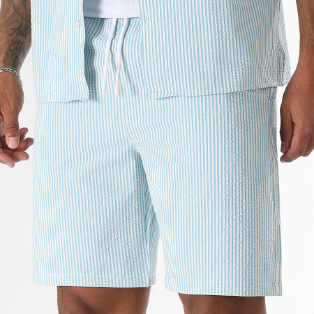LBO - Short De Bain Seersucker A Rayures 0395 Bleu Clair Blanc
