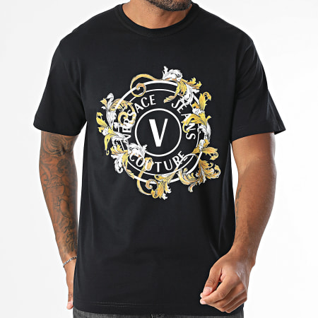 Versace Jeans Couture - Tee Shirt Vembleme Baroque 78GAHC01-CJ01C Noir Jaune Blanc