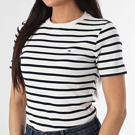Tommy Hilfiger - Tee Shirt A Rayures Femme Cody 0587 Blanc Bleu Marine