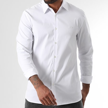 Lacoste - Camisa de Mangas Largas Logo Bordado Cocodrilo Blanco