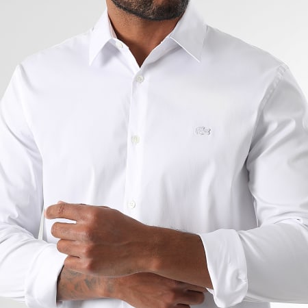 Lacoste - Camisa de Mangas Largas Logo Bordado Cocodrilo Blanco