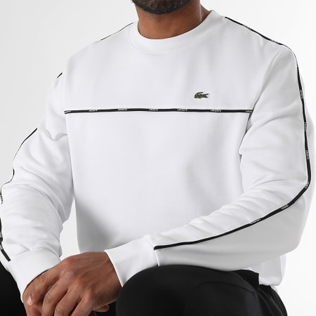 Lacoste - Sweat Crewneck A Bandes Logo Brodé Crocodile Classic Fit Blanc