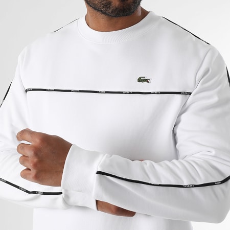 Lacoste - Sweat Crewneck A Bandes Logo Brodé Crocodile Classic Fit Blanc