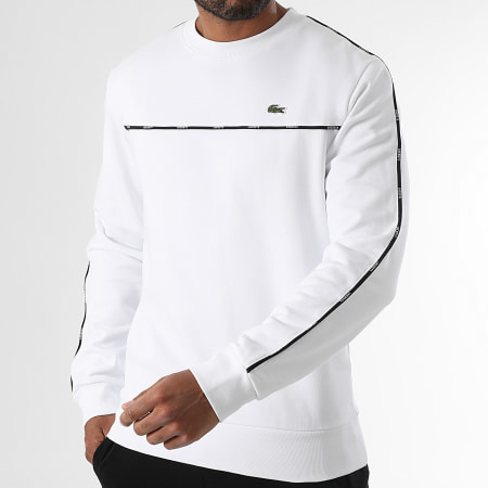 Lacoste - Sweat Crewneck A Bandes Logo Brodé Crocodile Classic Fit Blanc