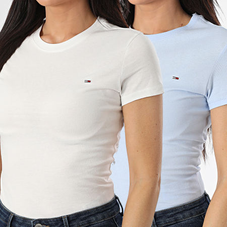 Tommy Jeans - Lot De 2 Tee Shirts Slim Femme 1366 Blanc Bleu Clair